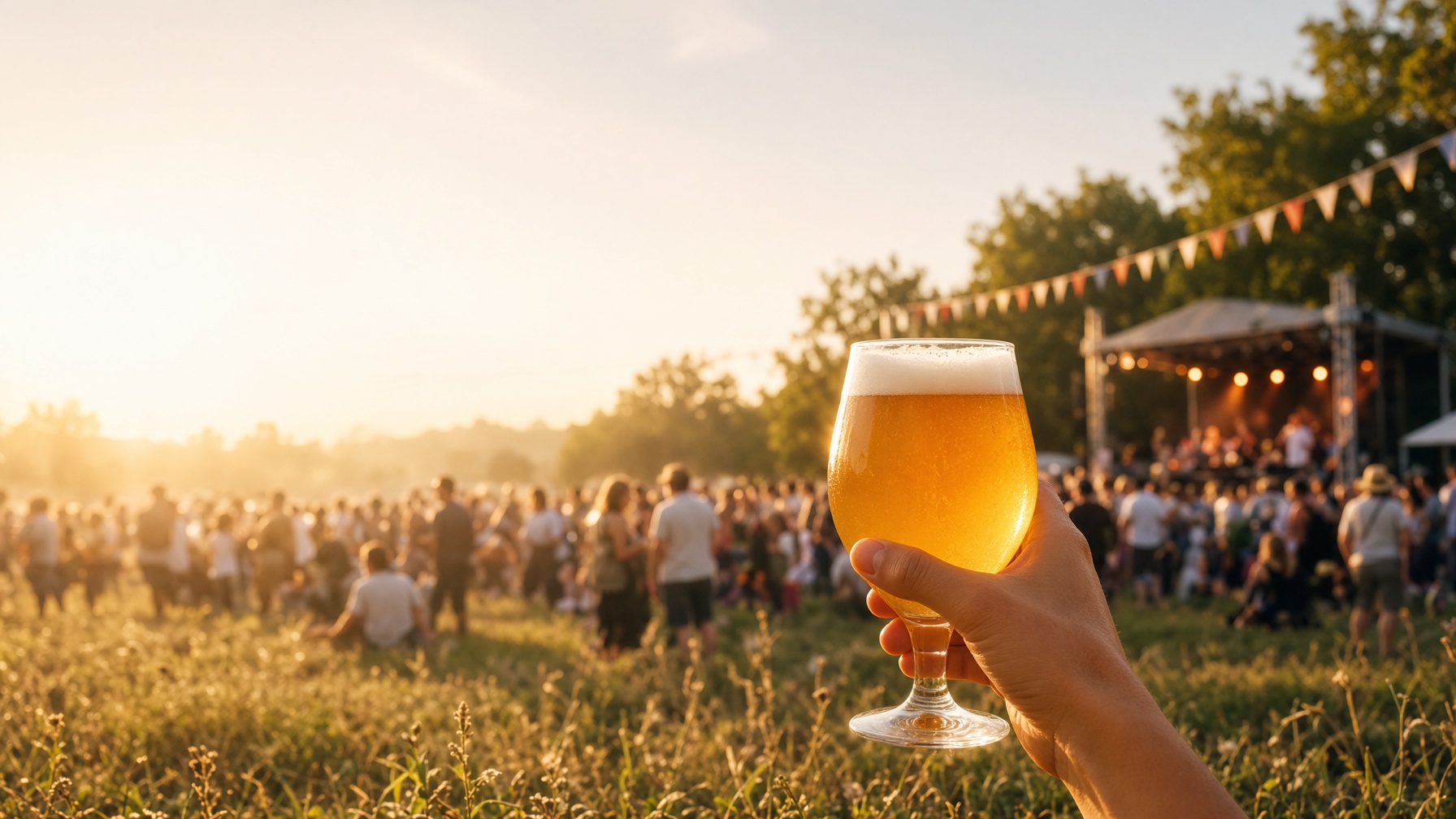 Zonovergoten festivalweide met een geheven glas